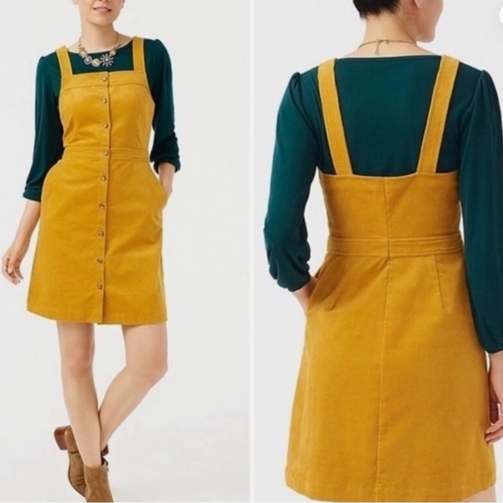 J Crew Women’s Corduroy Overall Dress Yellow Knee Length Button Front